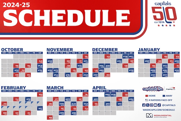 Calendrier de la saison 2024-2025 des Washington Capitals pour le championnat NHL