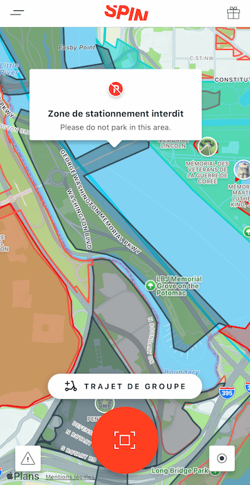 Application Spin, les zones pour trottinettes à Washington